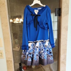 Rare Editions Blue Sleevless Floral Dress with Matching Cardigan